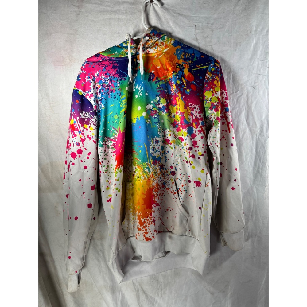 John Hancock Paint Splatter Hoodie Rainbow Multi Color Graphic Sweatshirt Womens